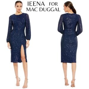 NWT IEENA For Mac Duggal Midnight Blue Sequin Long Sleeve Midi Dress Size 10